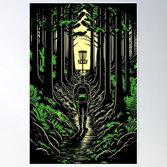 Disc Golf Forest Course Wilderness Golfer Sunset Poster Wall Art, Modern Wall Decor, 12x18 UNFRAMED