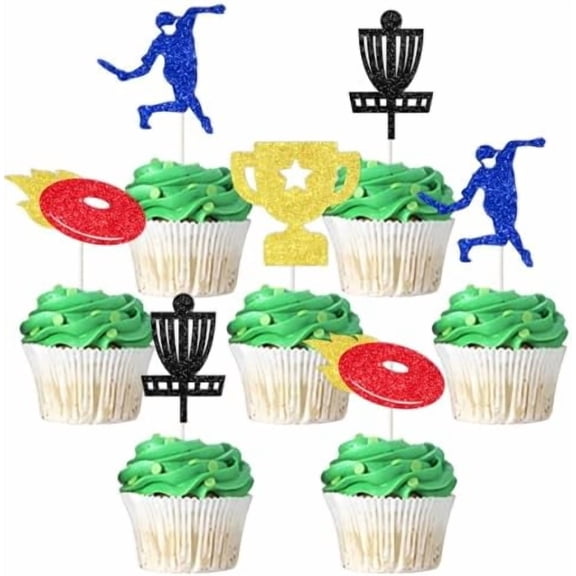 Disc Golf Party Cake Decoration, 24pcs Glitter Golf Themed Birthday Cupcake Topper for Men Women Sport Lover Sports Themed Birthday Retirement Anniversary Party Decorations