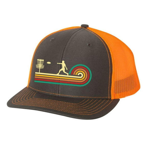 Disc Golf Retro Swirl Golfer Mens Embroidered Mesh Back Trucker Hat, Charcoal/Orange