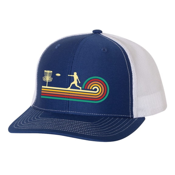 Disc Golf Retro Swirl Golfer Mens Embroidered Mesh Back Trucker Hat, Royal/White
