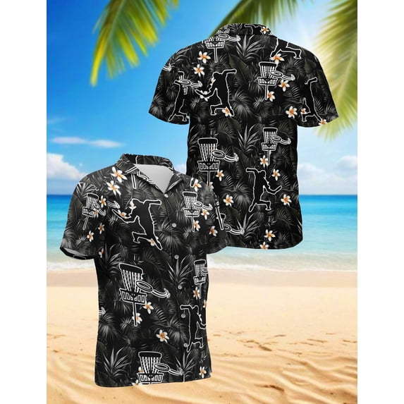 Disc Golf Tropical Flowers Hawaiian Shirt for Men, Tropical Style, Button Down Summer Beach Short Sleeve, Sizes S-5XL
