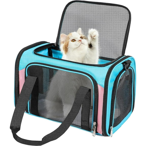 Discala Cat Dog Carrier Up to 15 Lbs TSA Airline Approved Pet Carrier for Small Medium Cats Puppies Dog Carriers for Small Dogs Collapsible Soft Sided Cat Travel Carrier - Blue&Pink 15.7"x10.2"x10.2"