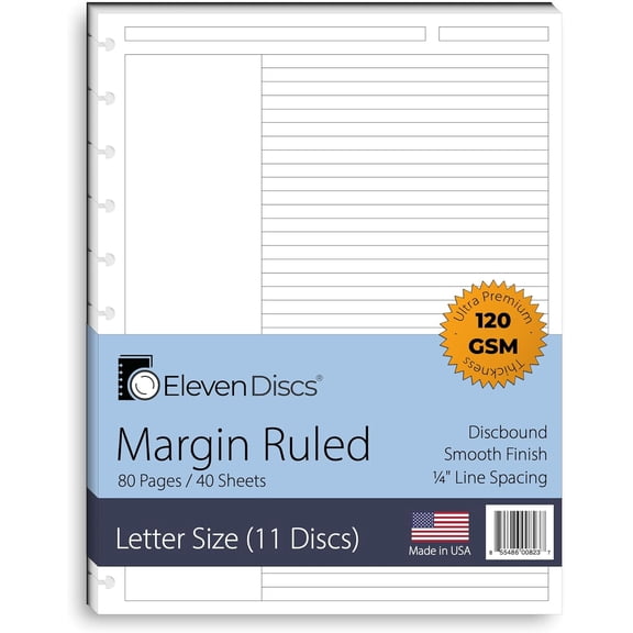 Discbound Paper, Letter Size Margin Ruled Sheets - Premium 120gsm Heavyweight Notebook & Planner Refills 11 Discs, 8.5 x in Punched for Circa, Arc, (40 Sheets)
