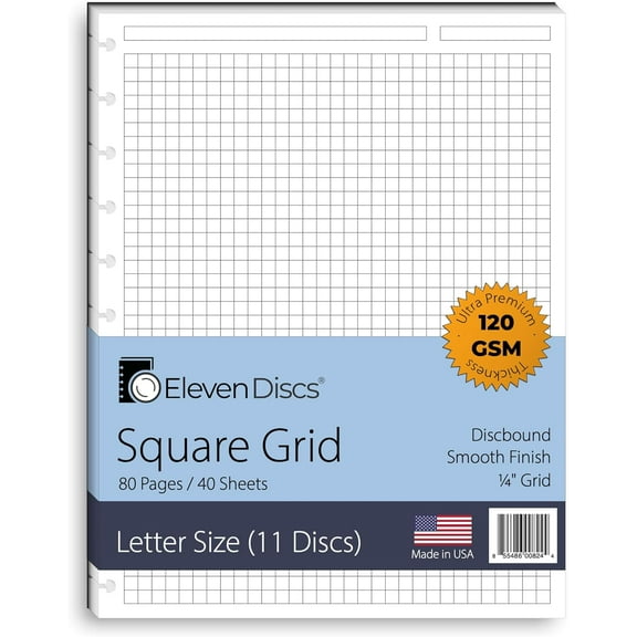 Discbound Paper, Letter Size Square Grid Sheets - Premium 120gsm Heavyweight Notebook & Planner Refills - 11 Discs, 8.5 x 11 in - Punched for Circa, Arc, TUL (40 Sheets)