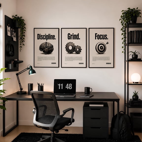 Discipline Grind Focus Prints, Minimalist Motivational Office Wall Art Set