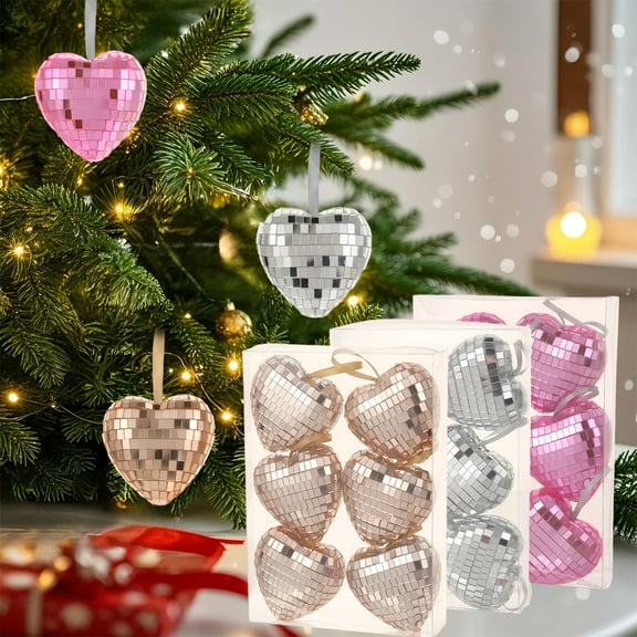 Disco Ball under $5! Bzdzmqm 6PC Disco Heart Christmas Balls, Mirror Glitter Love Shape Ornaments, Pink Silver Gold Tree Decor, Holiday Party Decoration Props