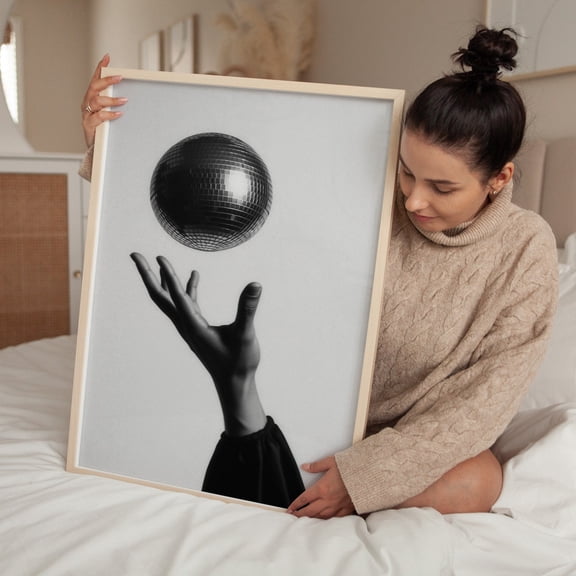 Disco Ball In The Air Print Disco Ball Toss Shining Sparkling Ball Black And White Photography Interior Decoration Wall Art, Modern Wall Decor, 12x18 UNFRAMED