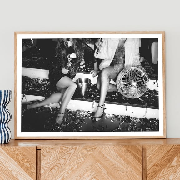Disco Ball Art Poster Champagne Girls Night Out Decor, Unframed Paper Poster 8x10in