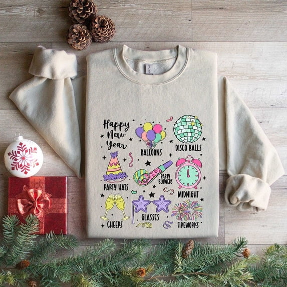 Disco Ball, Baloons, Party Hats, Party Blowers, Midnight, Cheers, Glasses, Fireworks 2024 Happy New Year Shirt, Cheers to New Year Shirt, 2024 Party Shirt, Cute Xmas Doodles Shirt