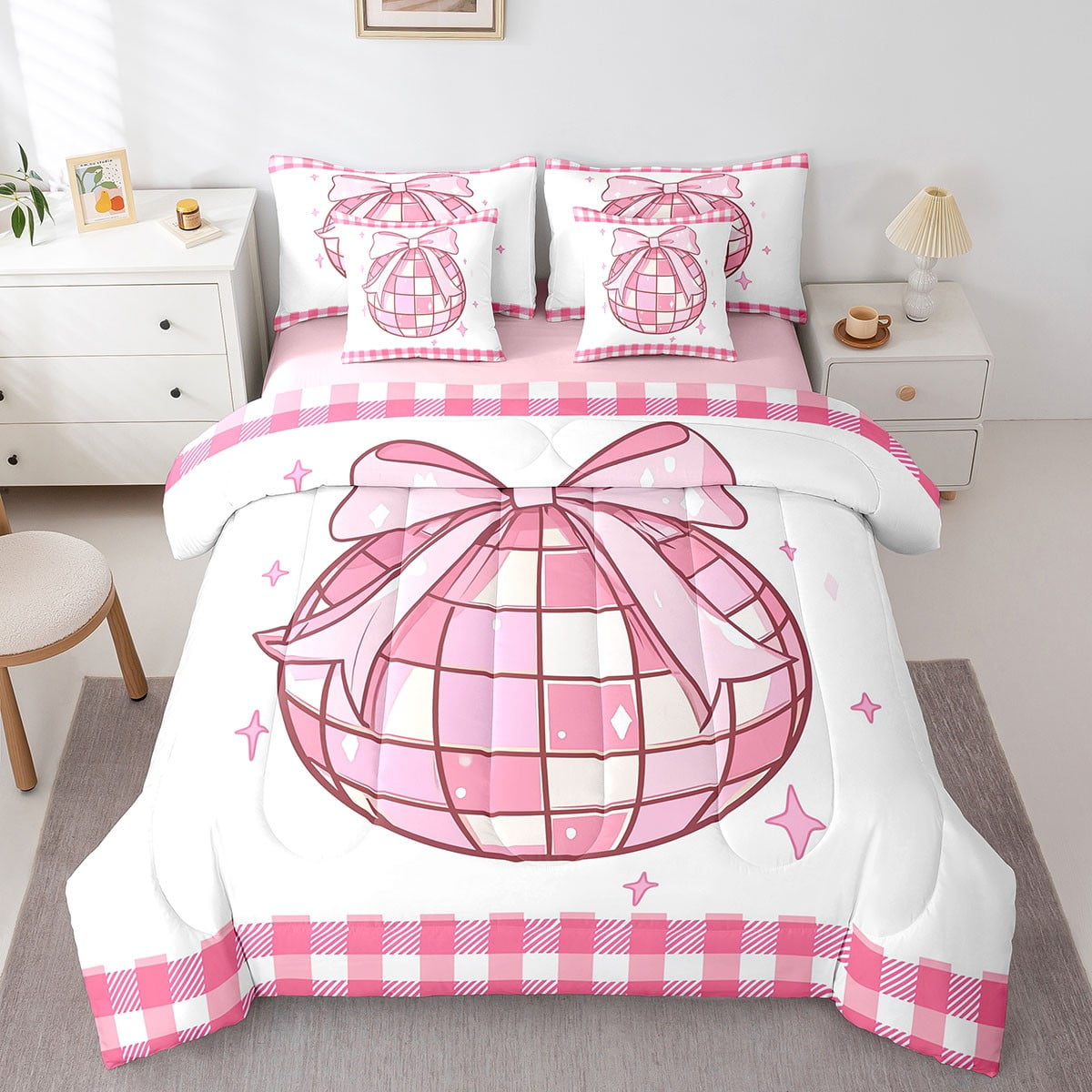 Erosebridal 7-Piece Pink Bow Princess Twin Bedding Set - Comforter, Sheets, Pillowcases & Throw Pillows