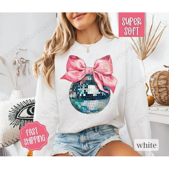 Disco Ball Bow Sweatshirt, New Year's 2025 Crewneck, NYE Women's Sweater, Coquette Disco Sweater, season Party Crewneck, for Her All Size S-5Xl
