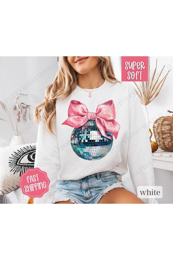 Disco Ball Bow Sweatshirt, New Year's 2025 Crewneck, NYE Women's Sweater, Coquette Disco Sweater, season Party Crewneck, for Her All Size S-5Xl