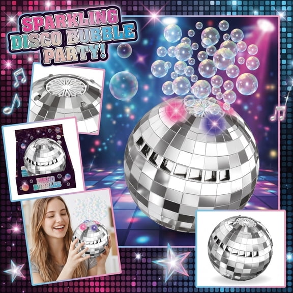 Disco Ball Bubble Machine with LED Lights Automatic Bubble Blower for Parties Outdoor Events and Celebration Decorations Includes 50ml Bubble Solution (Silver)