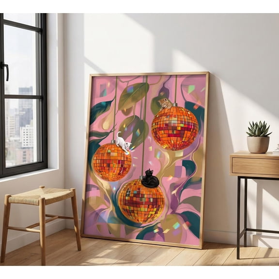 Disco Ball Cat Funky Pink Groovy Playful Feline Preppy Aesthetic Botanical Cat Lover Poster Unframed Paper Print