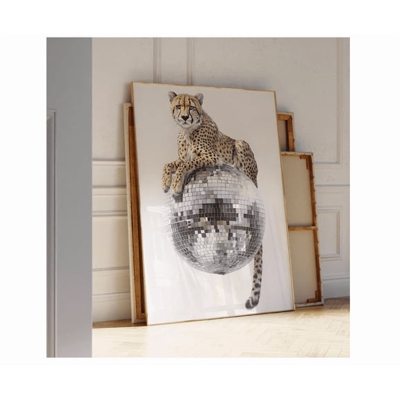 Disco Ball Cheetah Wall Art Mirrorball Animal Statement Trendy Leo.pard Disco Poster Decor 70S Glamour Style Poster
