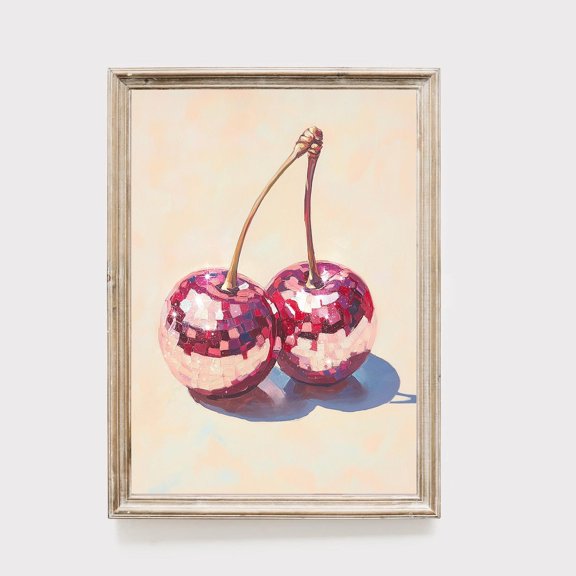 Disco Ball Cherry Giclee Poster Abstract Mosaic Fruit, 8x12 UNFRAMED