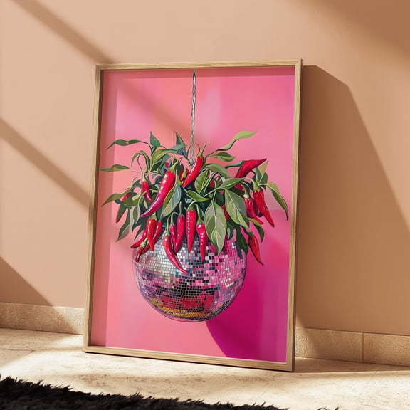 Disco Ball & Chili Pepper Poster Funky Kitchen Wall Art, Poster Only