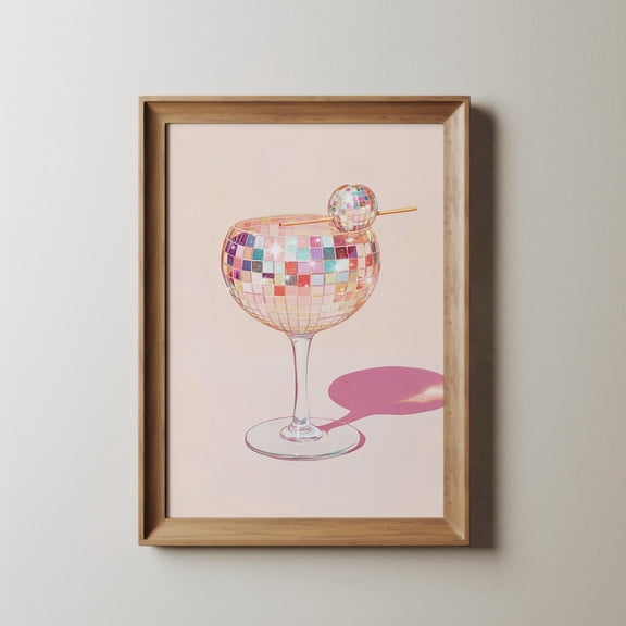 Disco Ball Cocktail Art Print Glamorous Sparkly Bar Wall Decor Retro Party Drink Illustration Chic Pink Room Artwork UNFRAMED PAPER POSTER, Home Decor, Vintage Gift, Living Room Dercor