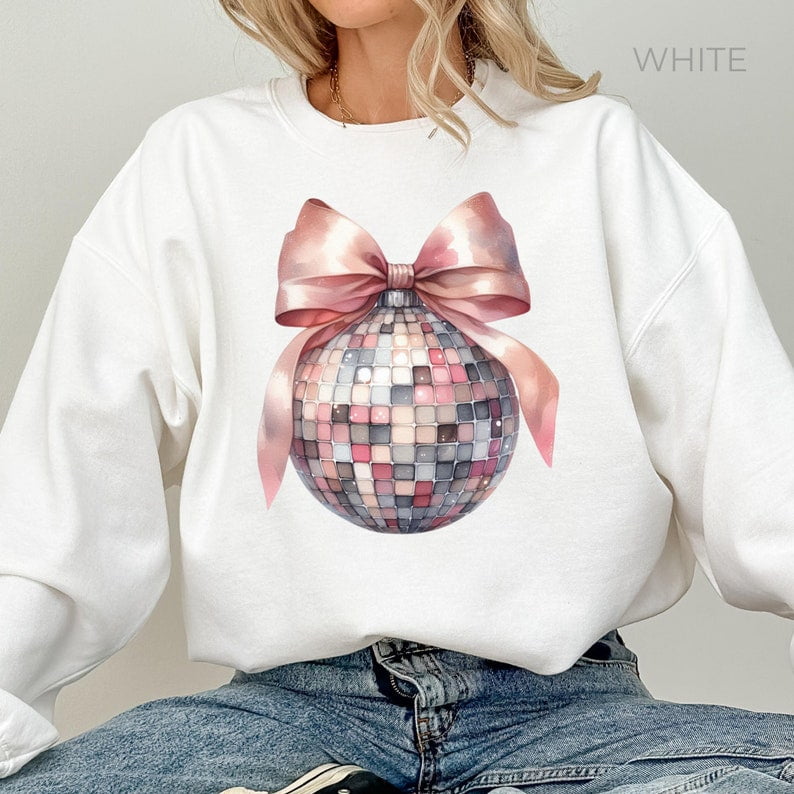 Disco Ball Coquette Bow Sweatshirt,Retro New Years Sweater,2025 Women's
