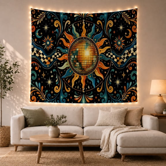 Disco Ball With Cosmic Flames and Stars, Energetic Psychedelic for Space Lovers, Celestial Room Art Decor, Halloween Gift, Tapestry Wall Hanging for Bedroom and Living Room