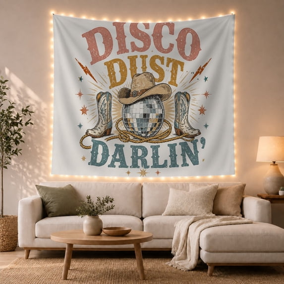 Disco Ball with Cowboy Hat and Boots on Warm Ivory Background, Nostalgic Retro for Country Music Fans, Vibrant Wall Art Decor, Birthday Gift Tapestry Wall Hanging for Bedroom and Living Room
