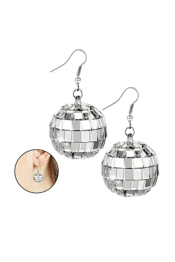 Silver Color Shiny Disco Balls Dangle Earrings Jewelry Retro Round DropEarring M2S2