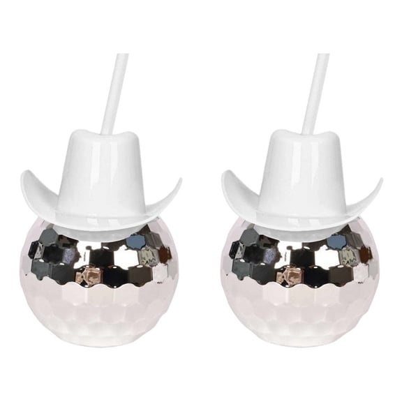 Disco Ball Cups with Cowboy Hat Lids & Straws 2Pcs Sparkly Party Tumbler Reusable Electroplated Drink Cups for Bar Party