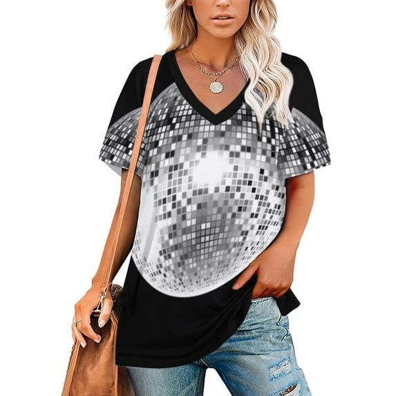Disco Ball. Dj Glitter Ball Bling. On Black. Women Zipper Printed Vintage T Shirts Tops Full Print T-Shirt Disco