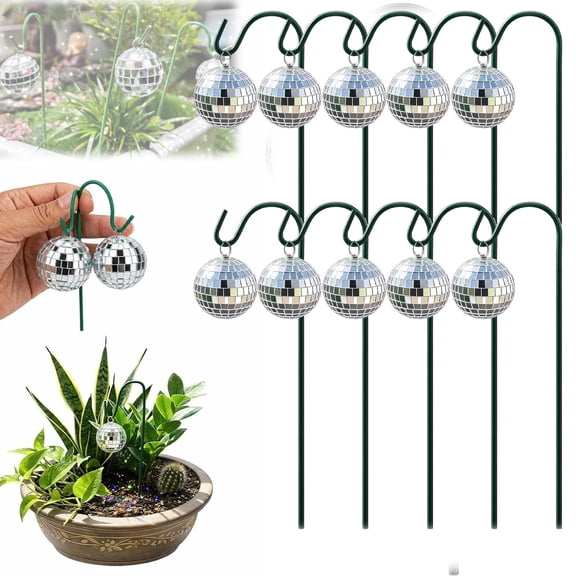 Disco Ball Garden Stakes Mini Disco Ball Garden Stake Shiny Mirror Ball Ornament on Metal Shepherd Hook for Indoor Outdoor Decor Flower Pots Lawn Pathway Yard Party,A-10pcs