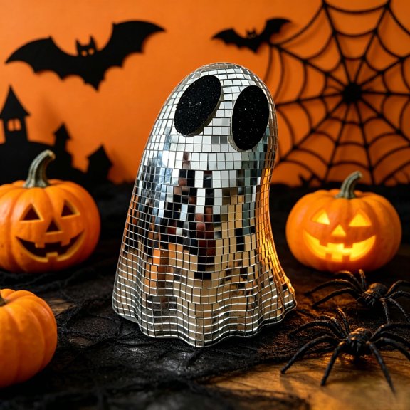 Disco Ball Ghost Figurine, 7.3 Inch Mirror Tile Ghost Statue with Black Glitter Eyes, Sparkling Silver Halloween Decor for Desk Shelf Tabletop Party Display