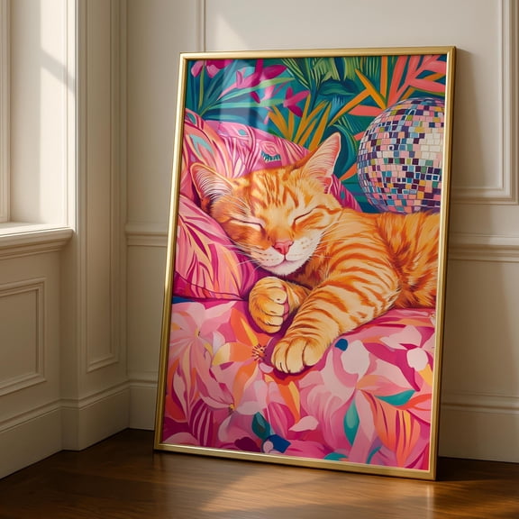 Disco Ball Ginger Cat Poster Funky Kitchen Wall Art Eclectic Prints Maximalist Decor , Poster Print Only