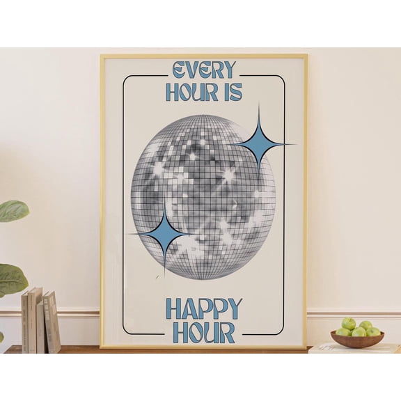 Disco Ball Happy Hour Print Retro Bar Cart Decor, Unframed Paper Poster 8x10in