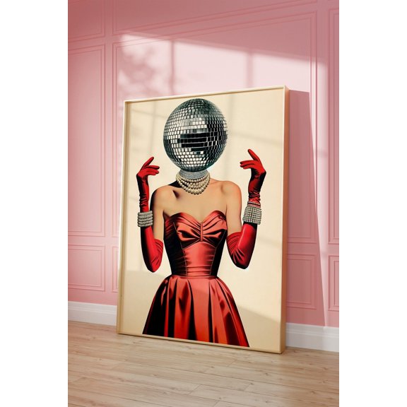 Disco Ball Head Funky 70s Retro Chic Wall Art, Unframed Poster