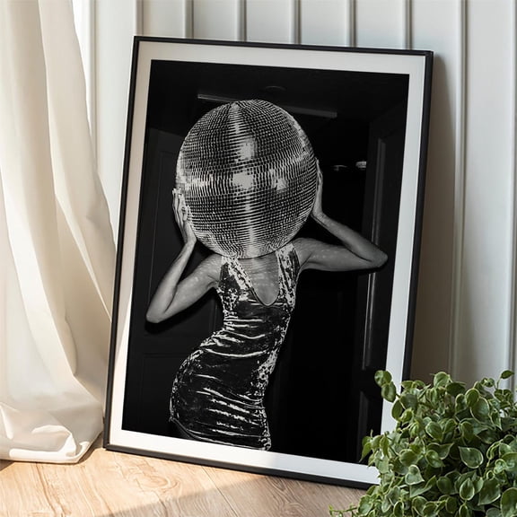 Disco Ball Head Poster: Retro Glam Black And White Poster, Stretched Canvas Size 12x18