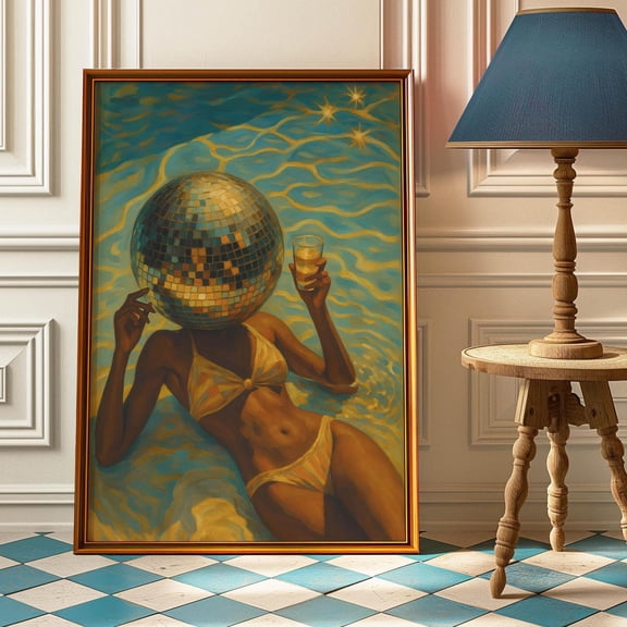 Disco Ball Head Woman Sunbathing In Bikini Poster Disco Ball Poster Elegant Old Money Poster Vintage Mirror Ball Poster , Poster Print Only