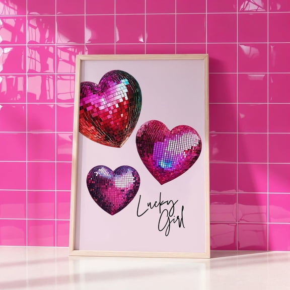 Disco Ball Heart Art Print, Preppy Valentines UNFRAMED Poster, Wall Art for Decor, Present, 16x24