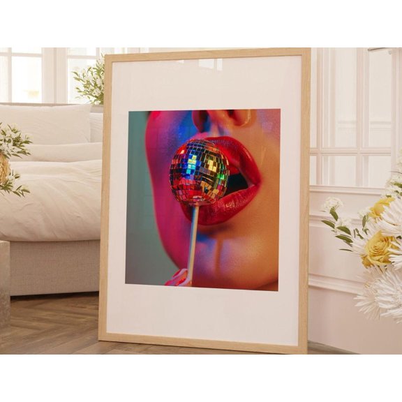 Disco Ball Lips Art Print Groovy Bar Cart Decor, Unframed Canvas 12x16in