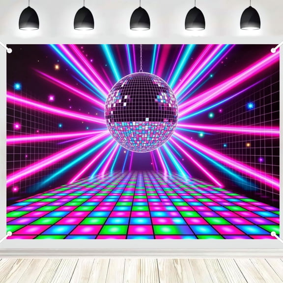 Disco Ball Neon Light Dance Floor Photography Backdrop, Retro Party Laser Light Grid Wall Photo Background for Night Club Themed Decor 3x5ft
