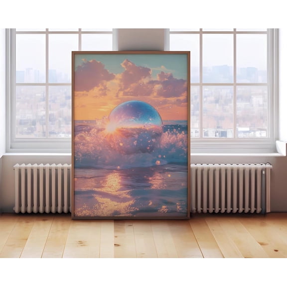 Disco Ball Ocean Print, Retro Beach Aesthetic Wall Art, Sunset Waves Photography, Coastal Glam Decor, Y2K Poster, Dreamy Seaside Vibes, Size 8x12 UNFFRAMED F03.1.8l2523