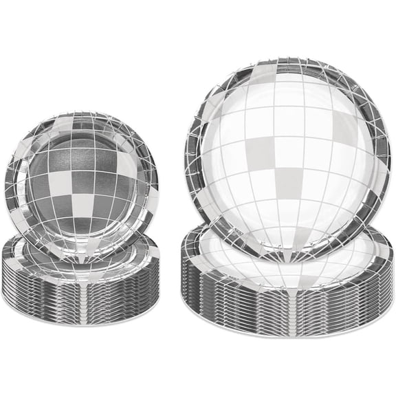 Disco Ball Paper Plates Sets - Silver Foil Design Disposable Party Plates for Disco, Bachelorette Party, Birthday, Wedding