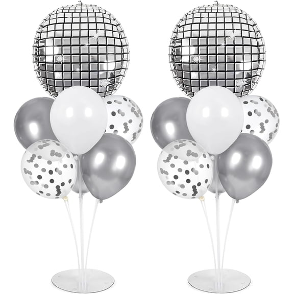 Disco Ball Party Balloons Stand Kit 2 Sets with 2 Silver 4D Discoball Foil Balloon Disco Ball Centerpiece for Tables 70s 80s 90s Dance Themed Birthday Graduation Decorations 2026 Prom Party Supplies