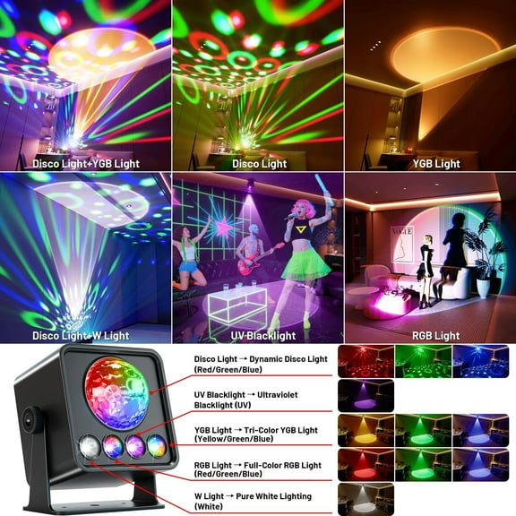 Disco Ball Party Lights Disco Light Sunset Lamp Projector with RGB+UV+White+YGB Sound Activated LED DJ Strobe Stage Light for Home Parties Living Room/Christmas/Halloween/Birthday/Wall/Decor