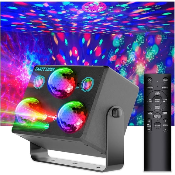 Disco Ball Party Lights,Pro 6 in 1 Lights Sound Activated Dj Strobe with RGB&OGB Balls,Laser Light Show,Ocean Lamp,Star Projector,2 RGB LEDs-Perfect for Glow Rave Dance