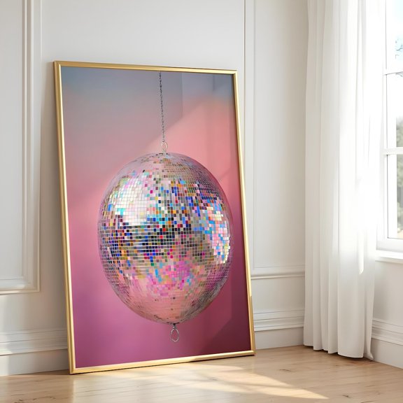 Disco Ball Party Pink Background Wall Art Retro Art