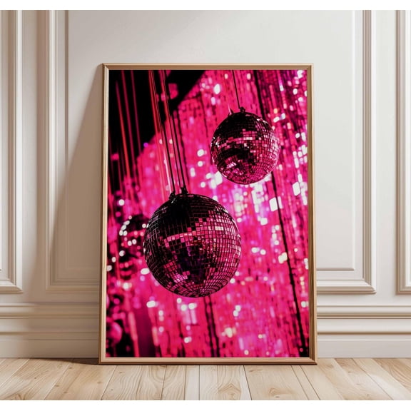 Disco Ball Pink Neon Lights Sparkling Mirror Retro Party Art Unframed Paper Print