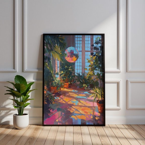 Disco Ball Plant Sunlit Conservatory Colorful Impressionist Botanical Unique Boho Aesthetic Pastel Studio Poster Unframed Paper Print