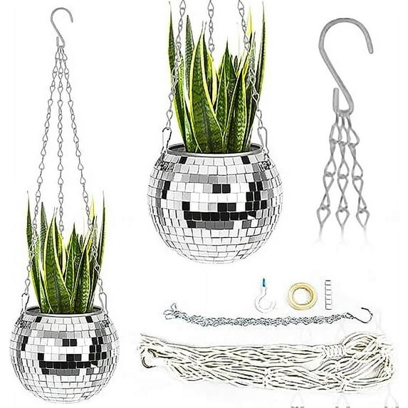 Disco Ball Planter: Indoor Hanging Plant Pot, Decorative Mirror Stand for Porch & Home Garden, Large Plastic Planter with Rope Chain- 8 Inch