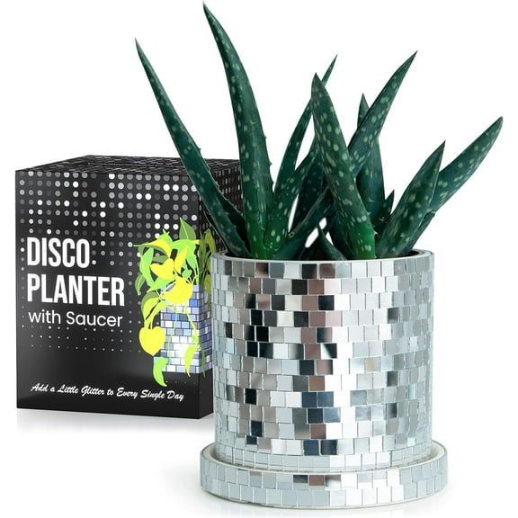 Disco Ball Planter Pot - Silver 4.3" Disco Pot with Drainage Hole and Saucer (mirror tiles 0.3x0.3")