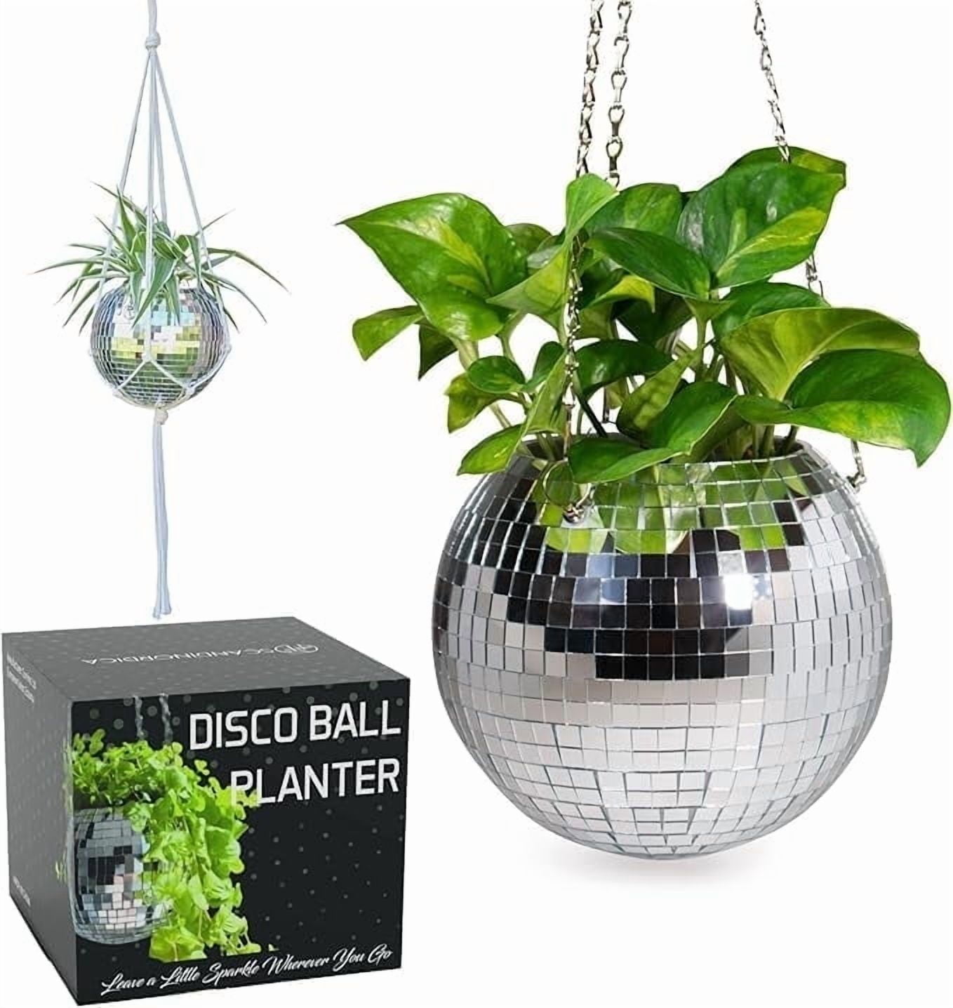 Disco Ball Planter – Silver 8" Disco Planter with Chain and Macrame Hanger and Stand