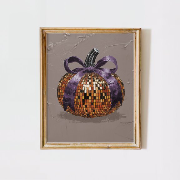 Disco Ball Pumpkin Art Print, Coquette Purple Bow Poster Halloween Wall Art , Poster Print Only